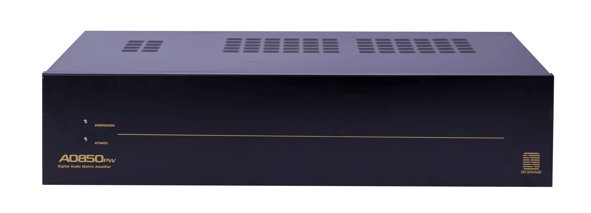 Matriz de Áudio Digital Amplificada GR Savage A0850pw. Painel frontal em alumínio preto com acabamento escovado. Identificação do modelo "A0850pw" em dourado no canto inferior esquerdo. LEDs de status "Energizado" e "Ativado" acima de uma linha horizontal decorativa dourada. Logotipo GR Savage dourado no canto inferior direito. Topo com aberturas de ventilação.