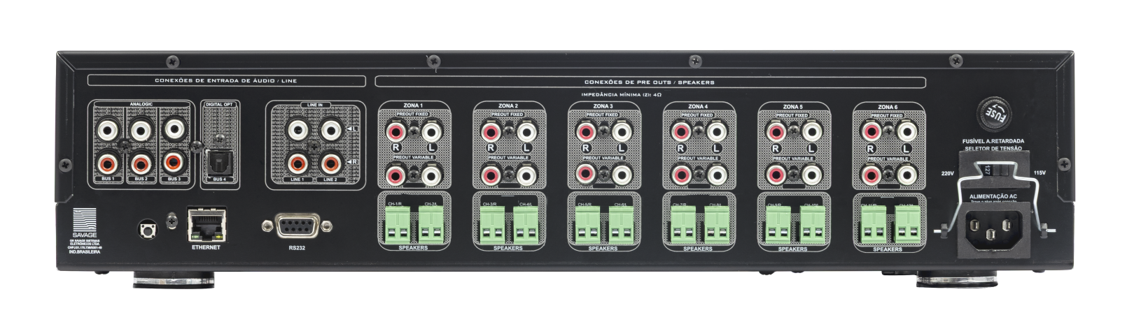 Painel traseiro da Matriz Multiroom GR Savage A1270 da Série 70. Exibe a seção de entradas à esquerda com 3 entradas analógicas BUS, 1 digital óptica e 2 entradas de linha (Line In). Centro com 6 zonas totalmente amplificadas, cada uma com bornes verdes para alto-falantes e saídas RCA pré-amplificadas. Portas Ethernet e RS232 para automação integradas. À direita, entrada de energia IEC com trava cabo, seletor de voltagem e fusível.