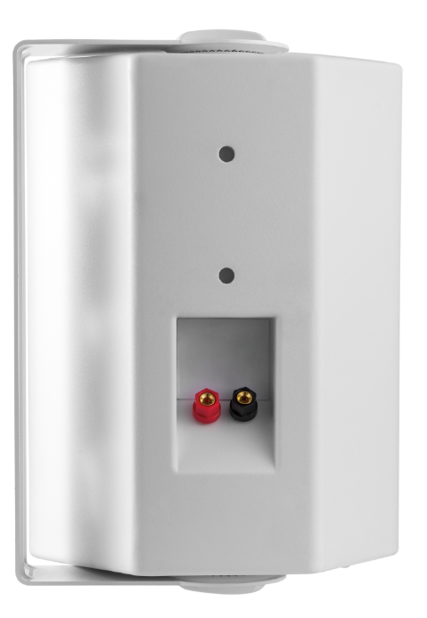 Vista traseira completa da Caixa Outdoor Slim branca Savage. Mostra o suporte metálico articulado em "U" (estilo Lira) montado no gabinete. Bornes de conexão (vermelho/preto) visíveis no nicho central. Manípulos de ajuste de ângulo nas extremidades do suporte. Gabinete robusto com acabamento branco fosco. Savage EXS-5 e EXS-6