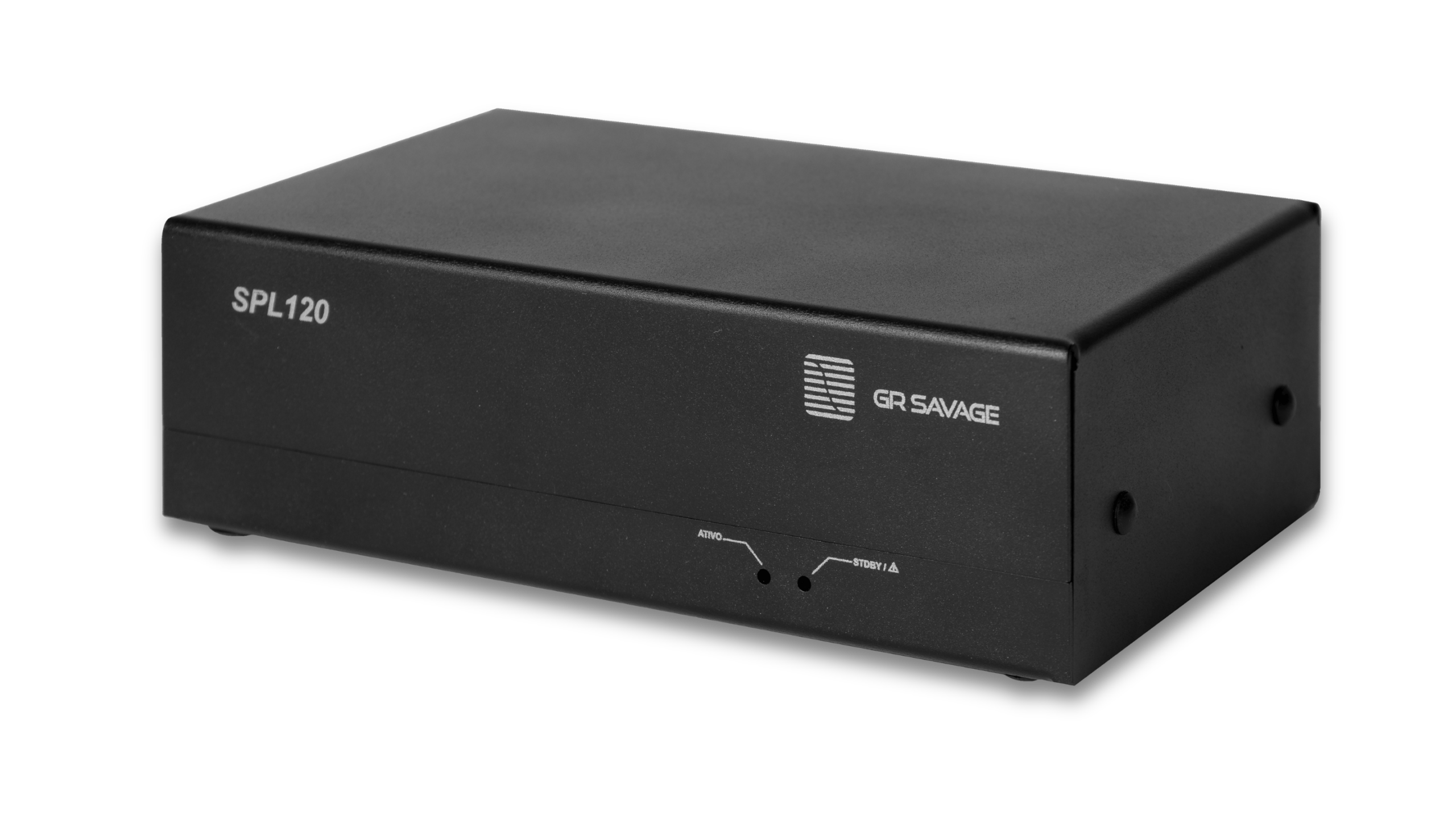 Amplificador de Potência Estéreo GR Savage SPL 120 em vista de perfil. Gabinete metálico preto fosco com logotipia "SPL 120" e "GR Savage" em branco. No painel frontal, detalhe dos LEDs de diagnóstico: Ativo e Standby/Alerta. Fundo preto com sombra suave na base.