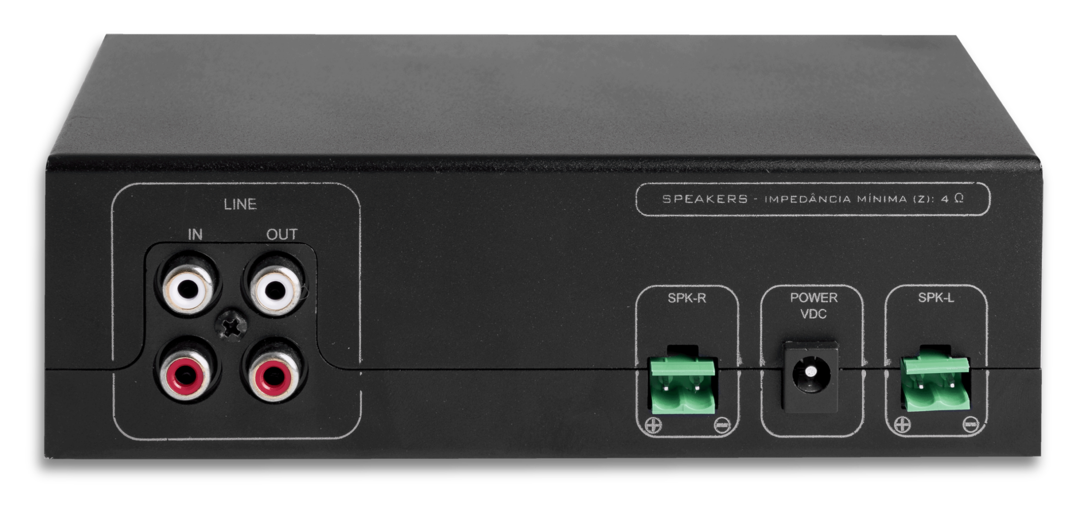 Painel traseiro do Amplificador Power Estéreo GR Savage SPL 120. À esquerda, seção "LINE" com entradas RCA (IN) e saídas de repasse (OUT). À direita, saídas para alto-falantes (SPK-R e SPK-L) via bornes verdes de encaixe e entrada de alimentação "POWER VDC" centralizada. Indicação de impedância mínima de 4 Ohms.