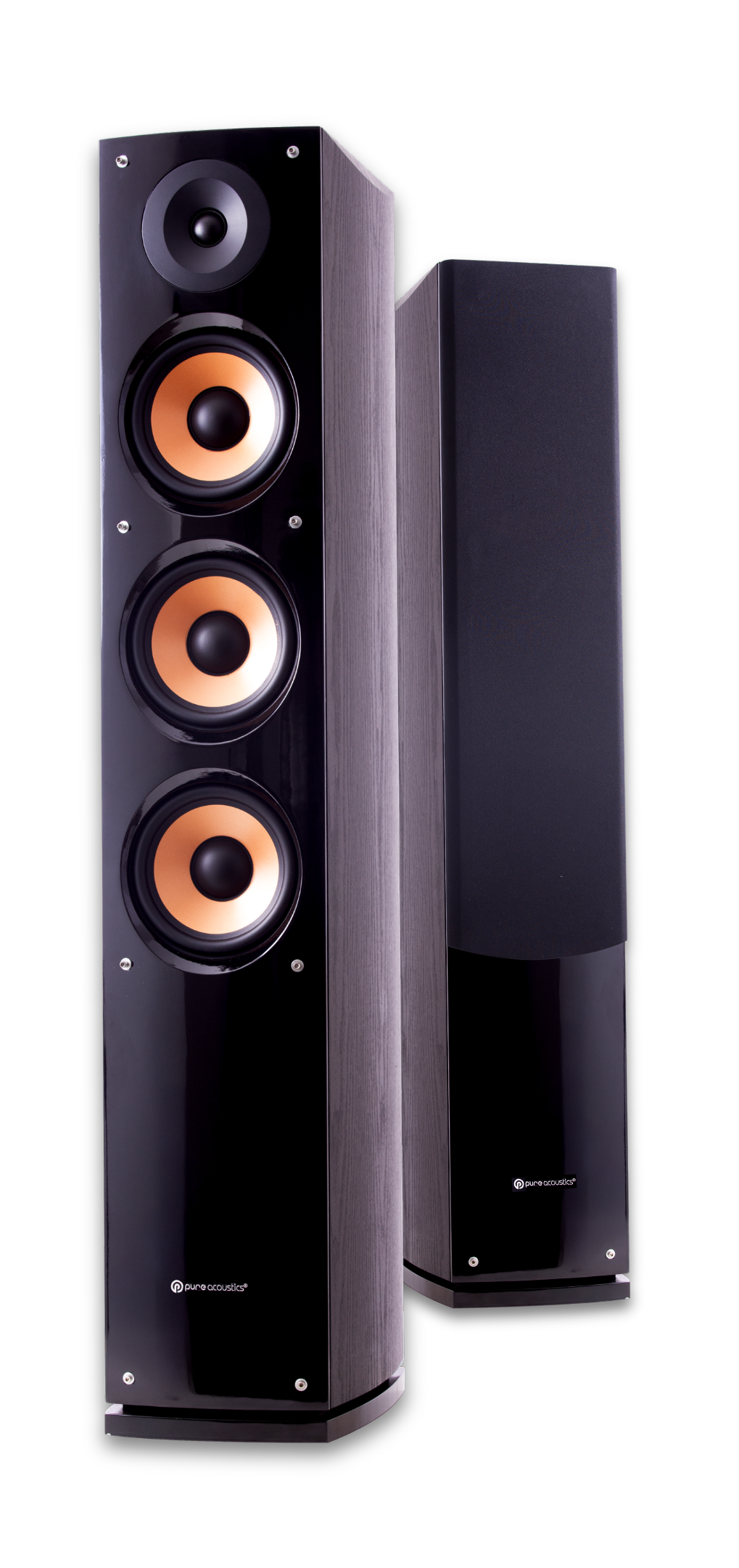 Par de caixas acústicas tipo torre Pure Acoustics Supernova 8F, distribuídas pela GR Savage. A unidade frontal em destaque exibe o acabamento premium black piano com três woofers de cone acobreado de 6,5 polegadas e um tweeter de domo de seda. A unidade ao fundo mostra a tela de proteção em tecido. Gabinete curvo de alta densidade em fundo preto.