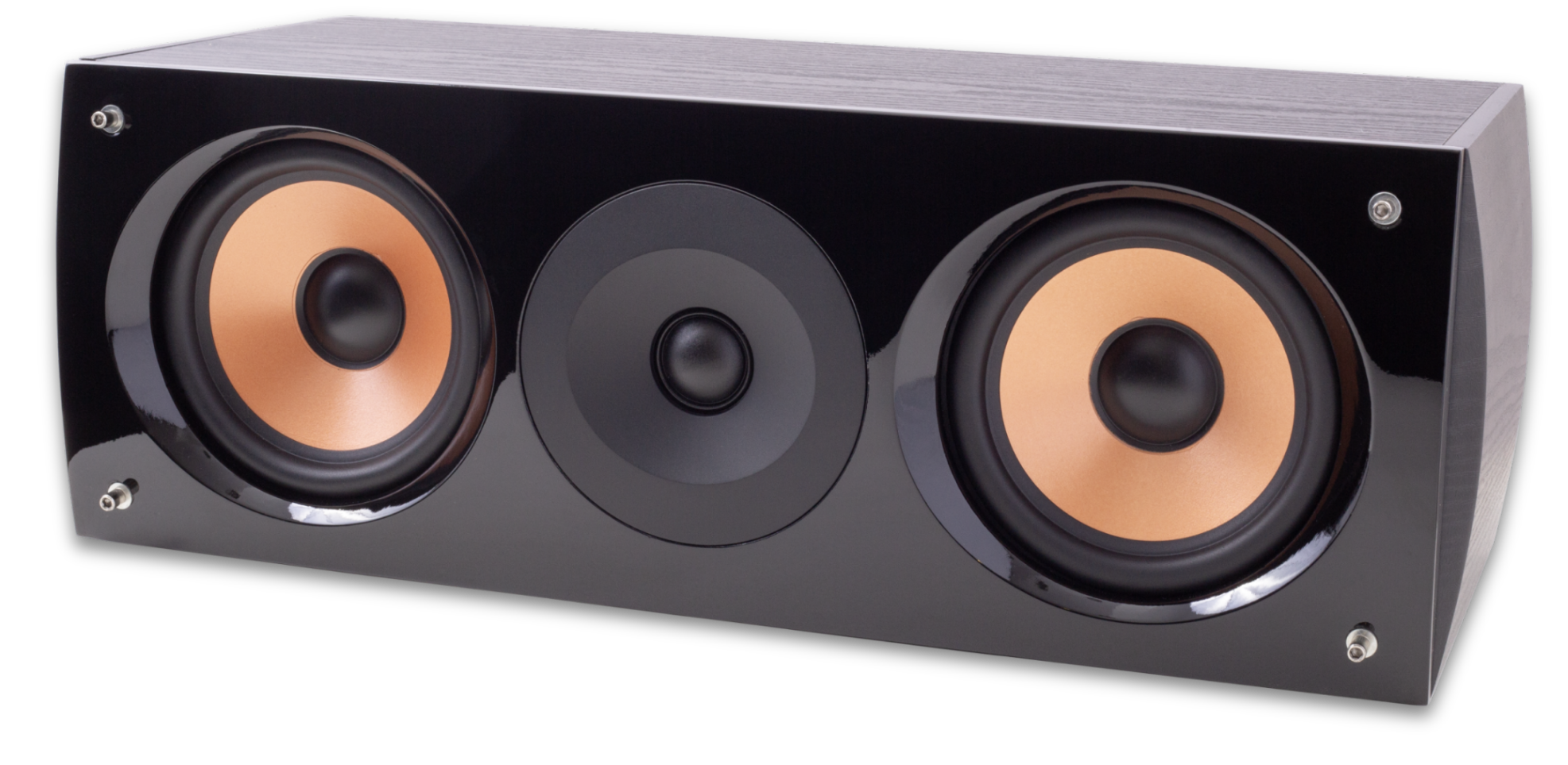 Caixa acústica central Pure Acoustics Supernova C em vista angular. O painel frontal possui acabamento black piano brilhante com dois woofers de cone acobreado e um tweeter de seda centralizado. Gabinete lateral em textura amadeirada escura. Fundo preto com sombra suave na base.